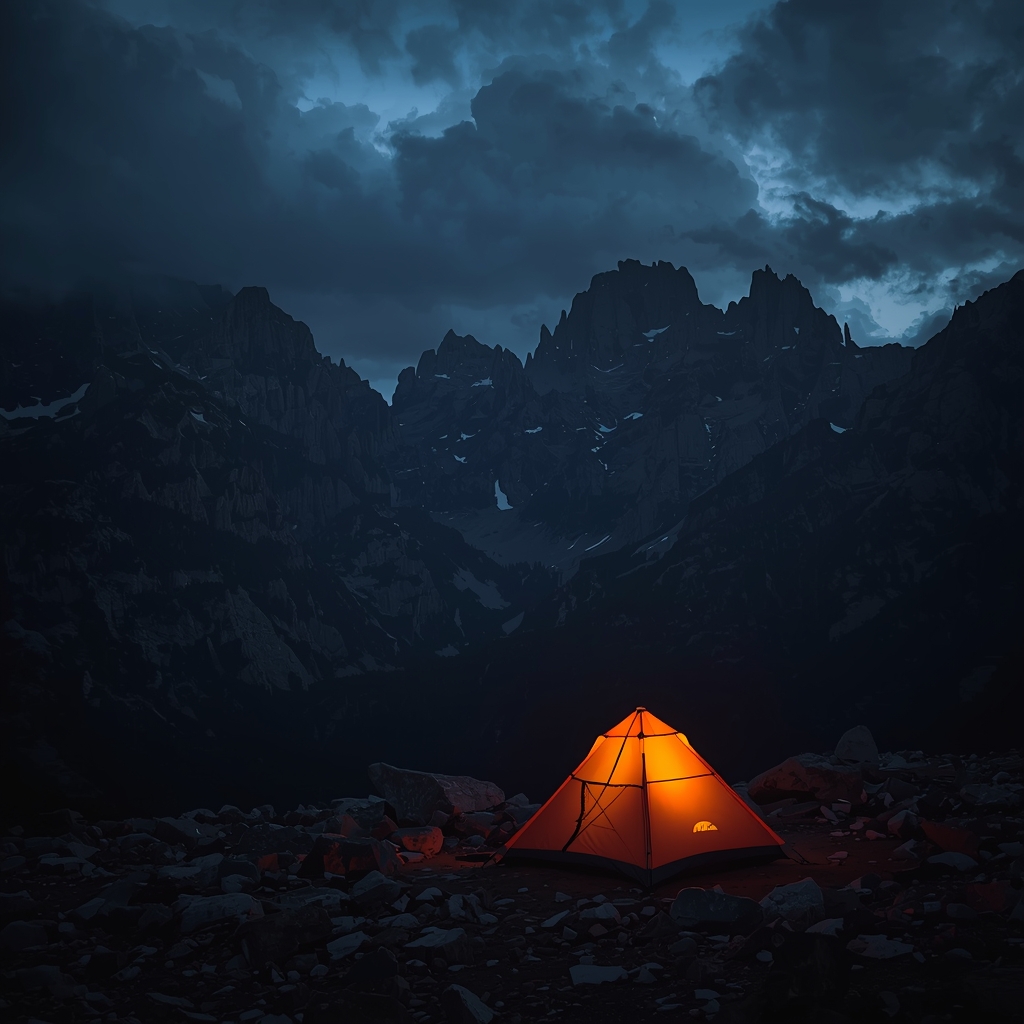 A dark, moody landscape of rugged mountains at twilight with a glowing tent in the foreground, highly detailed, cinematic lighting, 8k resolution, dark nature photography --no human, woman